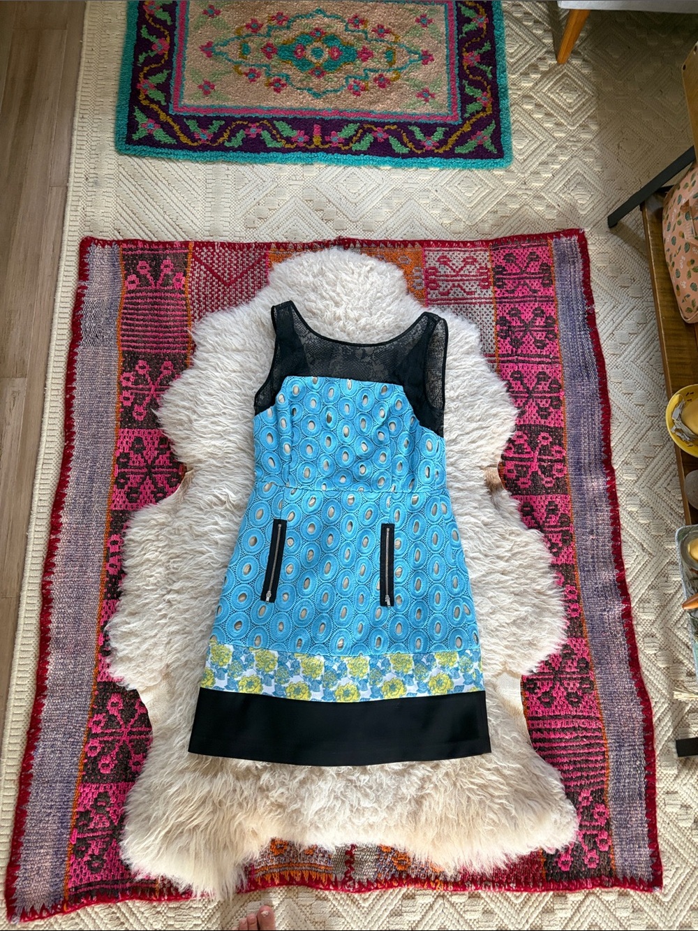 Tracy Reese Blue Printed Shift Dress with Black Trim
